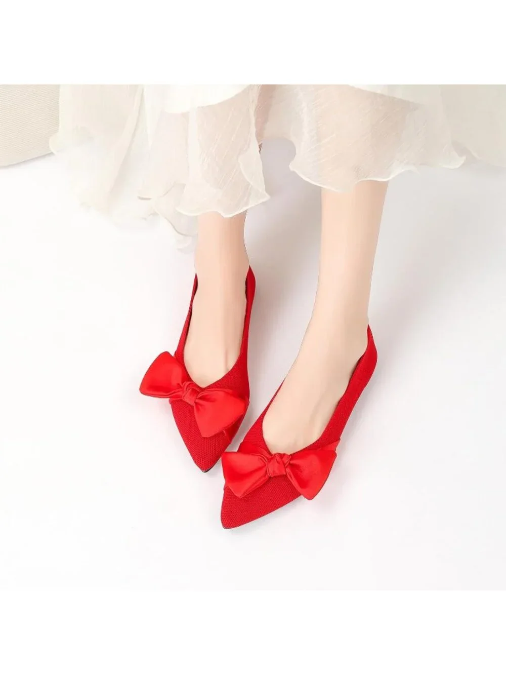 Women's Red Mesh Pointed Toe Ballet Slip On Comfortable  Flats with Bow Shoes